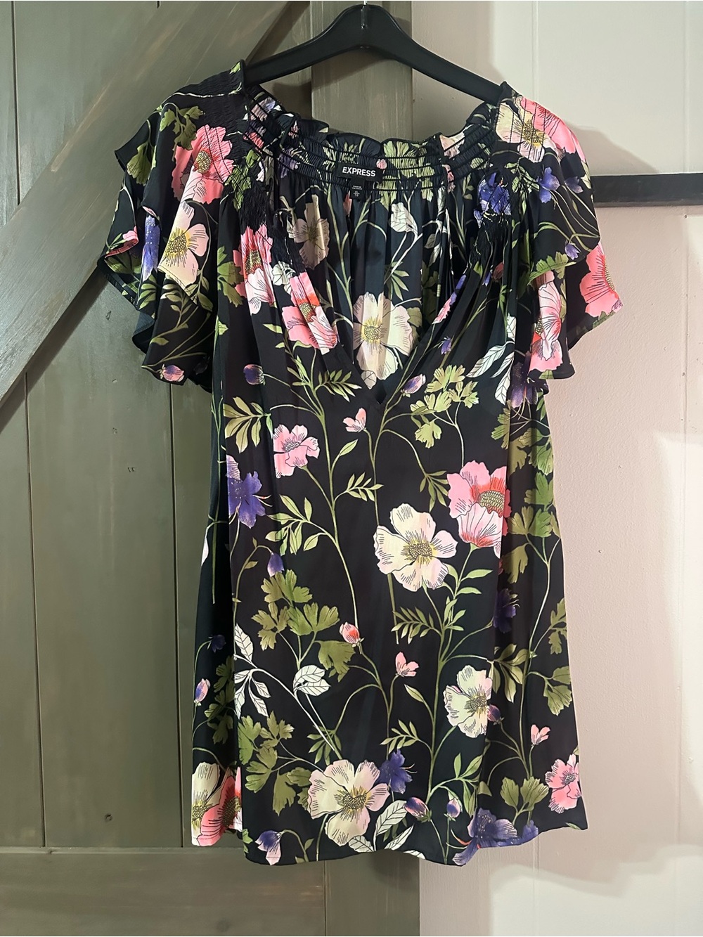 Express Black Floral Blouse - Pink & Green Floral